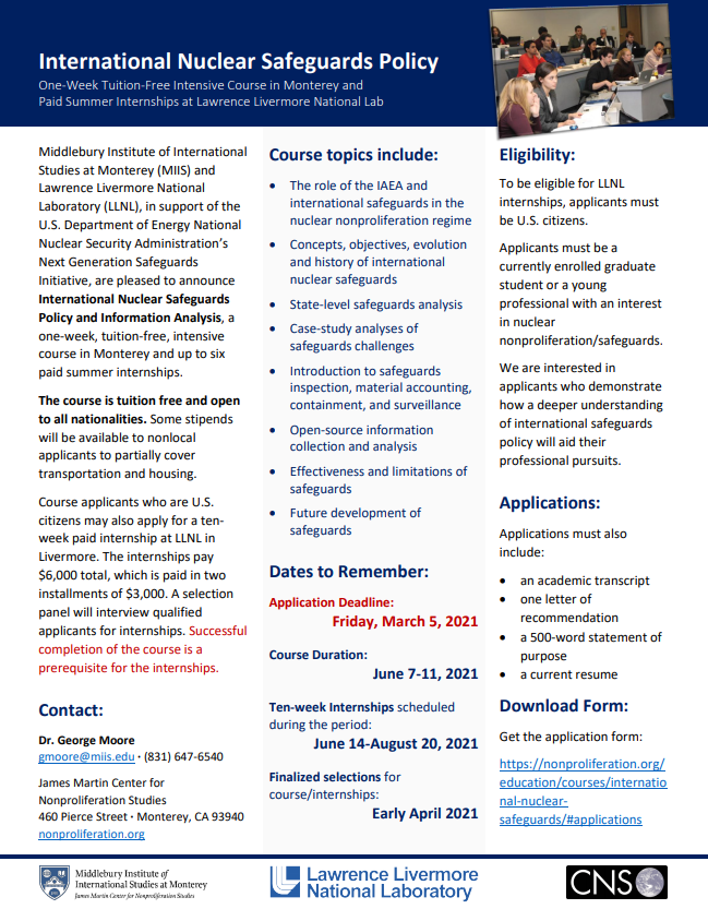 International Nuclear Safeguards Internships and Course flyer