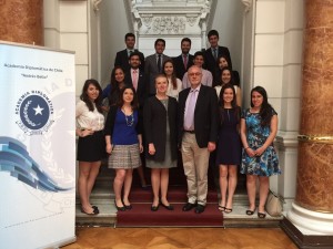 Elena Sokova and Nikolai Sokov with students of the Santiago-based Diplomatic Academy.