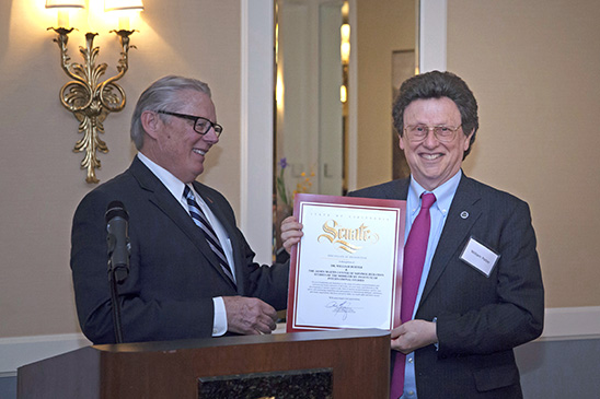 State Senate Majority Leader and former MIIS faculty member Bill Monning presented State of California Senate Certificate of Recognition to Professor William Potter, CNS Director.