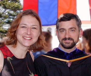 Dr Moltz congratulates his Graduate Research Assistant Rebecca