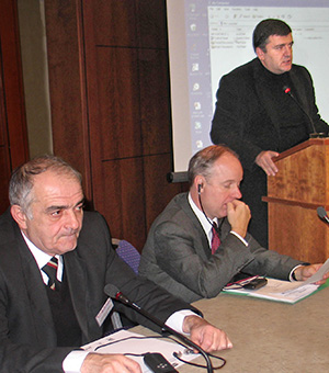 Deputy Minister David Ioseliani, Ministry of Environmental Protection and Natural Resources, delivering his welcoming remarks; (right to left): Kent Logsdon, Deputy Chief of Mission, U.S. Embassy in Georgia; Dr. Alexander Gongadze, Administration of the President of Georgia.