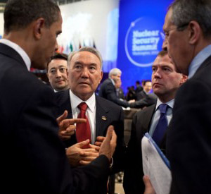 President Obama talks with Presidents Nazarbayev and Medvedev