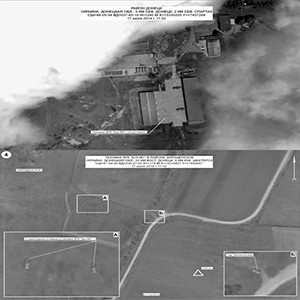 These slides released by the Russian Federation purport to show a Buk missile launcher absent from a Ukrainian military base (left), and a pair of Buk missile launchers in a field on the day of the shootdown (right).