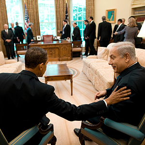 President Barack Obama talks with Israeli Prime Minister Benjamin Netanyahu in the Oval Office Monday, May 18, 2009. Offical White House Photo by Pete Souza. (Source: White House Flickr.com account)