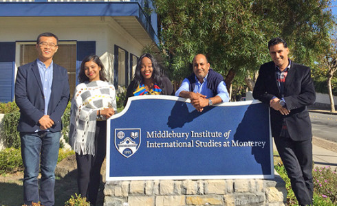 Fall 2016 Visiting Fellows. From left to right: Mr. Xin Zhang (China), Ms. Sylvia Mishra (India), Ms. Oluwadamilola Ogunjobi (Nigeria), Mr. Nasser Moudden (Morocco), and Mr. Belgacem Addoum (Morocco).