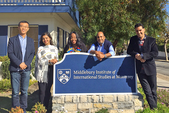 Fall 2016 Visiting Fellows. From left to right: Mr. Xin Zhang (China), Ms. Sylvia Mishra (India), Ms. Oluwadamilola Ogunjobi (Nigeria), Mr. Nasser Moudden (Morocco), and Mr. Belgacem Addoum (Morocco).