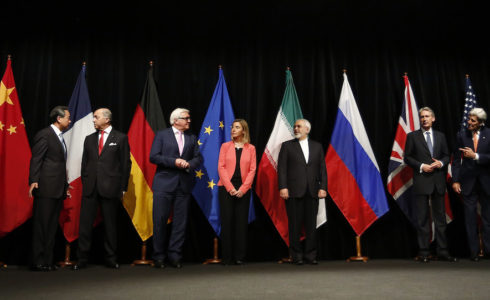 Iran nuclear deal: agreement in Vienna. From left to right: Foreign ministers/secretaries of state Wang Yi (China), Laurent Fabius (France), Frank-Walter Steinmeier (Germany), Federica Mogherini (EU), Mohammad Javad Zarif (Iran), Philip Hammond (UK), John Kerry (USA).