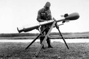 U.S. developed M-388 Davy Crockett nuclear weapon mounted to a recoilless rifle on a tripod, shown here at the Aberdeen Proving Ground in Maryland in March 1961. (Department of Defense)