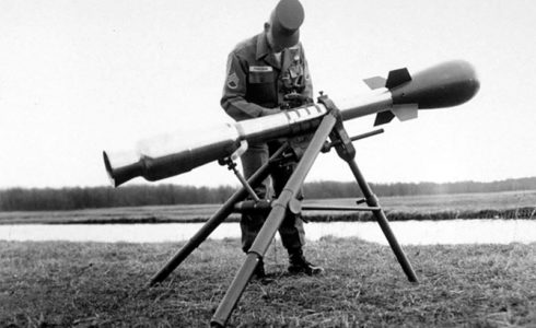 U.S. developed M-388 Davy Crockett nuclear weapon mounted to a recoilless rifle on a tripod, shown here at the Aberdeen Proving Ground in Maryland in March 1961. (Department of Defense)