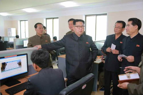 Kim visits the “room for disseminating science and technology. (Image from Rodong Sinum showing Kim Jong Un’s May 2016 visit.)