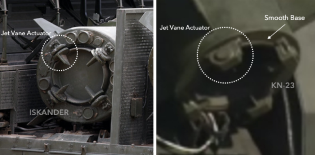 Left: The base of Russia’s Iskander-M missile showing the jet vanes and the associated actuators; Right: the base of the KN-23 shows significant differences.