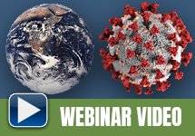 globe and covid 19 virus cell with text webinar video and a play button