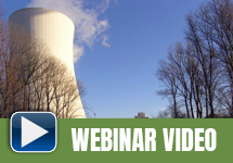 Webinar video banner and play button with nuclear reactor tower emitting white steam