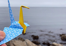 paper crane in front of the ocean