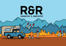 Radioactive Roadtrippin' Logo with a graphic of mountains, a camper, two dogs, a woman, and 3 missiles in the background
