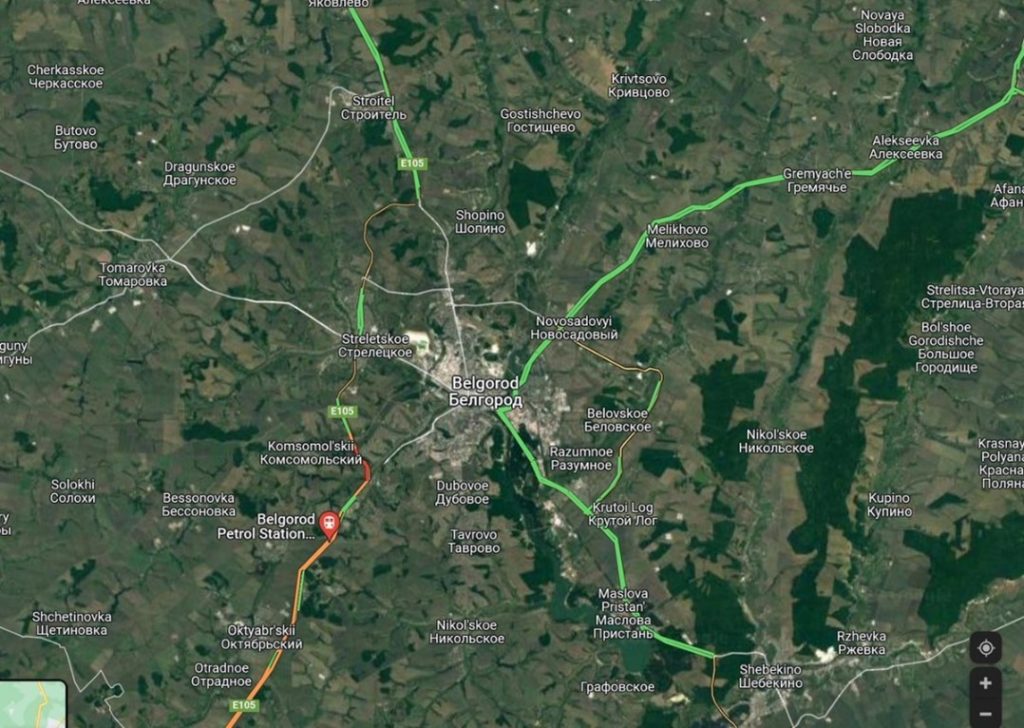 Screenshot of Google maps traffic jam outside Belgorod, Russia the morning of February 24th