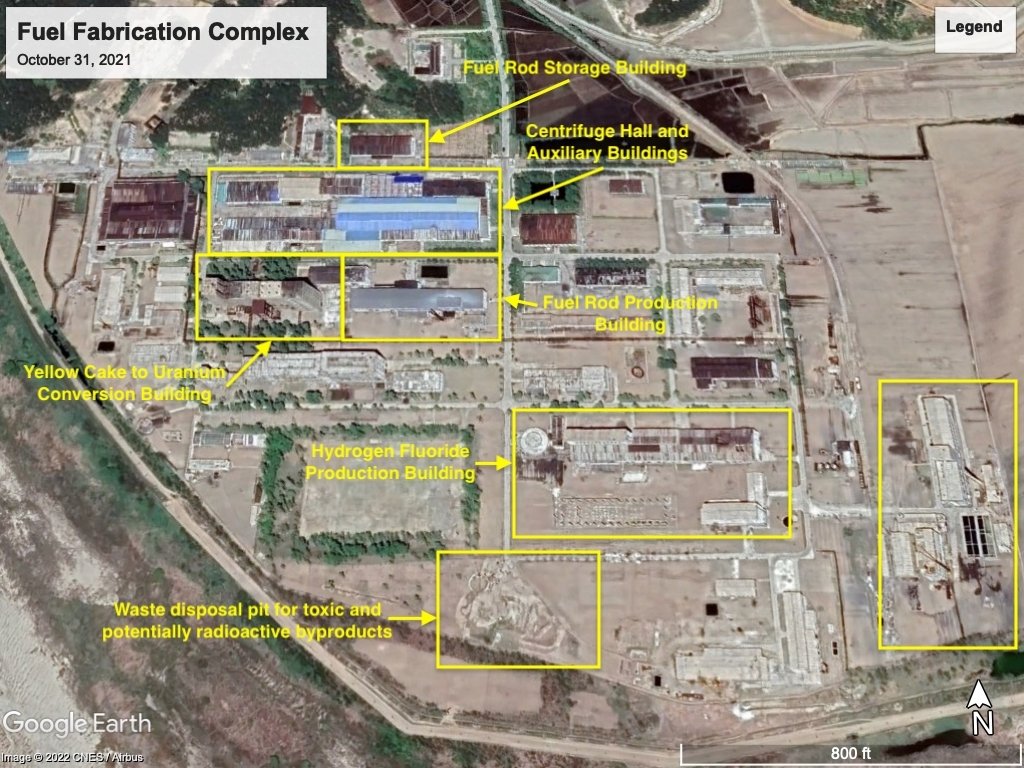 Satellite view of the Fuel Fabrication Complex at Yongbyon with yellow and blue labels.