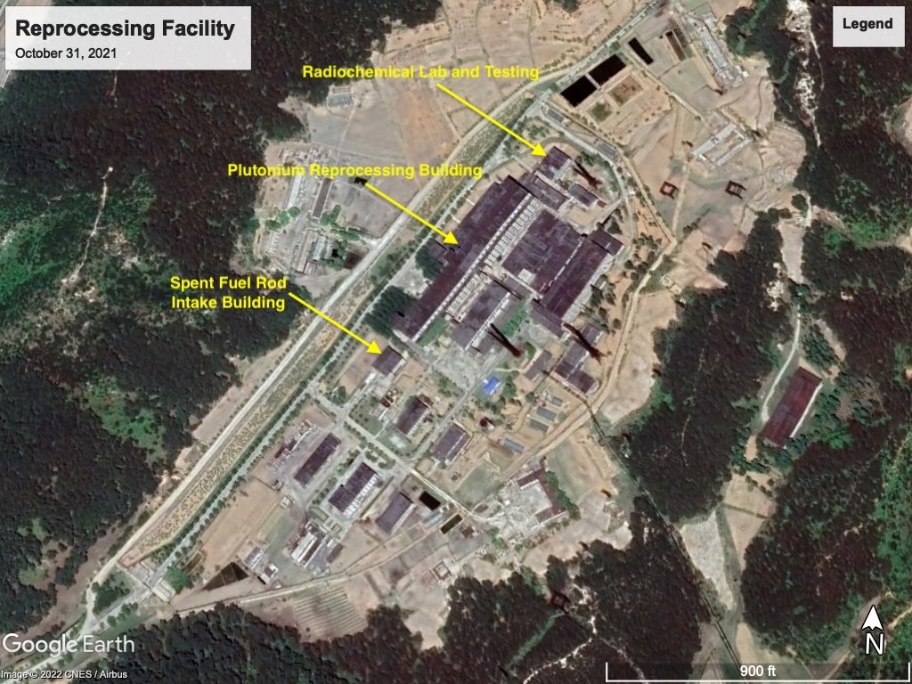 Satellite view of the Reprocessing Facility at Yongbyon with yellow and blue labels.