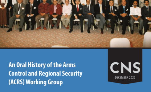 Cover page of the report titled: "An Oral History of the Arms Control and Regional Security (ACRS) Working Group". The cover features a group photo of the ACRS Working Group participants from April 1995 and lists the report title and names of the two authors, Dr. Chen Kane and Dr. Hanna Notte.