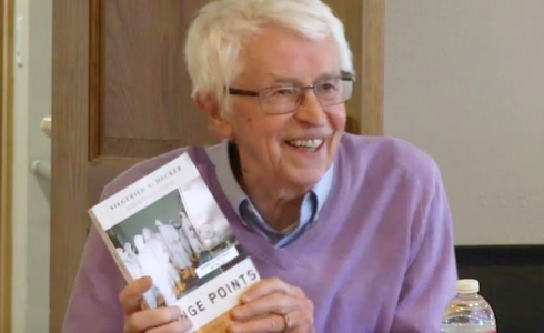 CNS Distinguished Professor of Practice Dr. Siegfried Hecker holding his a book, talking about the book, Hinge Points: An Inside Look at North Korea's Nuclear Program.