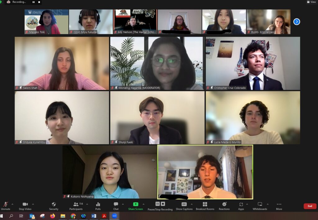 Teleconference screenshot of CIF students and alumni discussing the importance of disarmament education for youth