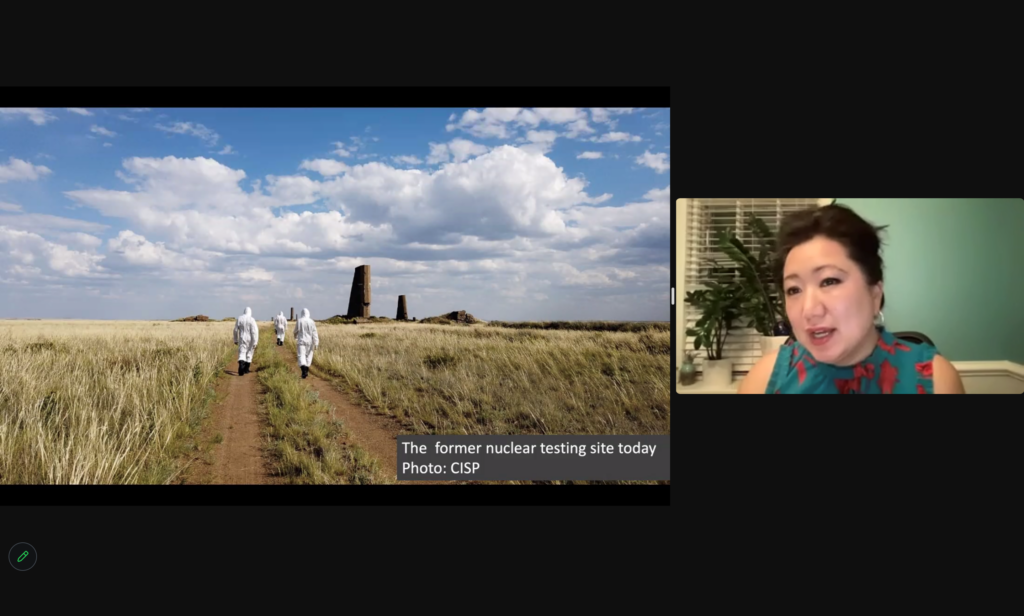 Teleconference screenshot Dr. Togzhan Kassenova sharing her study on nuclear testing victims in Kazakhstan