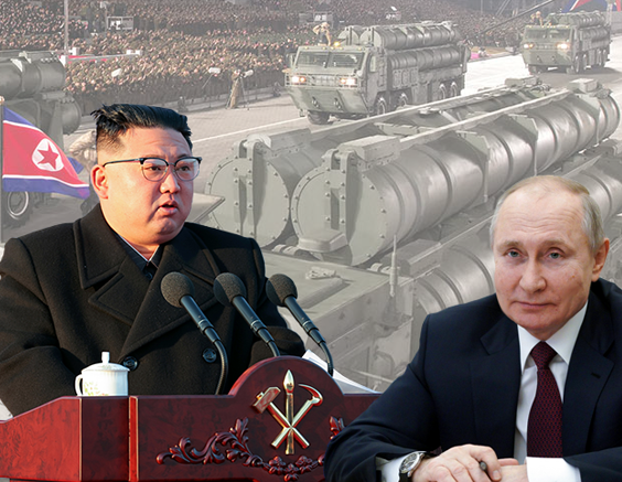 Kim Jong Un and Putin with Tel equipment faded behind them.