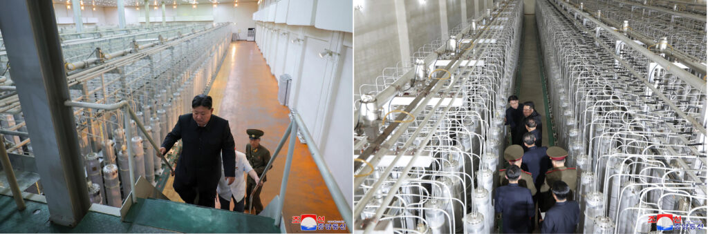Figure 6: Images of Kim Jong Un visiting the Kangson Uranium Enrichment Plant (left) and the Yongbyon Uranium Enrichment Plan (right).