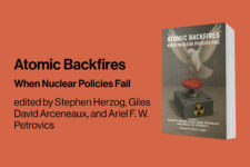 Atomic Backfires book cover with a dove landing on the nuclear button