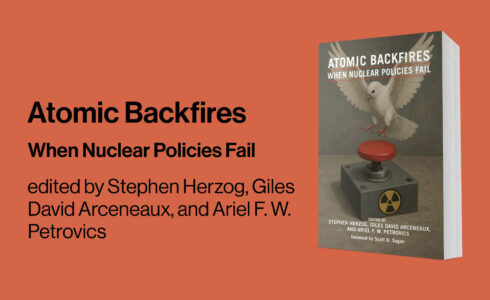 Atomic Backfires book cover with a dove landing on the nuclear button