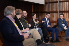 Allison Berke, Chemical and Biological Weapons Nonproliferation Program Director at the James Martin Center for Nonproliferation Studies, speaks at the Asilomar conference on artificial intelligence and nuclear and biological security organized by the center in April. Other panelists, from left, are: Douglas B. Shaw, Zoe Gastelum, Stephen Herzog, Yanliang Pan, and William C. Potter. Photo credit: Eduardo Fujii.
