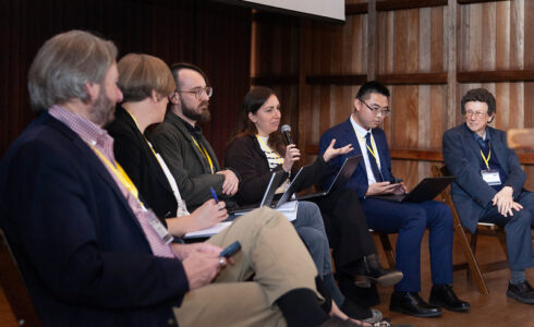 Allison Berke, Chemical and Biological Weapons Nonproliferation Program Director at the James Martin Center for Nonproliferation Studies, speaks at the Asilomar conference on artificial intelligence and nuclear and biological security organized by the center in April. Other panelists, from left, are: Douglas B. Shaw, Zoe Gastelum, Stephen Herzog, Yanliang Pan, and William C. Potter. Photo credit: Eduardo Fujii.