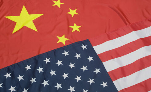 Closeup of Flags of United States Of America and China