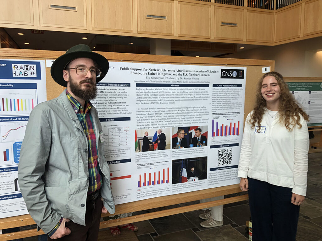CNS VT intern Ella Gincherman '27 presents at Middlebury's Summer Research Symposium. Pictured alongside Dr. Stephen Herzog, Director of CNS Vermont.