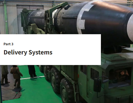 Heading text Part3: Delivery Systems with missile on a tel in a warehouse with officials