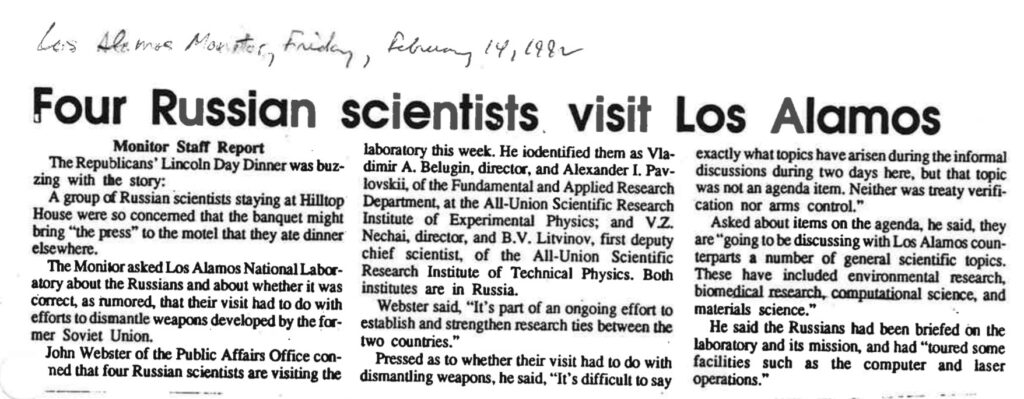 Newspaper cutting titled Four Russian scientists visit Los Alamos
