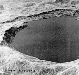 Lake Balapan,a circular crater caused by a nuclear explosion