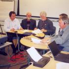 Working moment during the Los Alamos workshop on protection of nuclear facilities from fire. From the right: James Toevs, LANL, Paul White, LANL, Lev Belovodsky, VNIIEF, V. Afanasiev, VNIIEF. Los Alamos 2003.