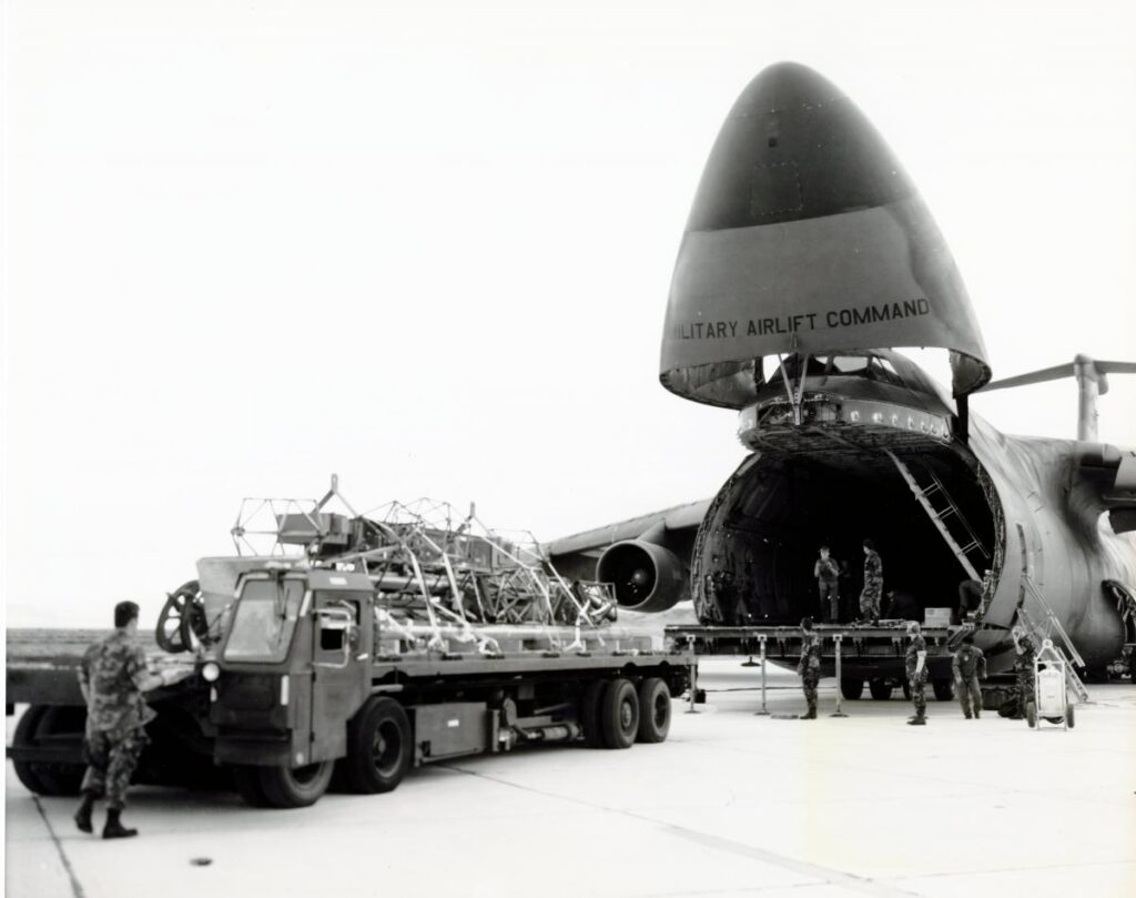 The U.S. Air Force C-5B cargo transport aircraft is being loaded at Indian Springs Air Force Station with logging equipment from NTS for shipment to the Soviet Union's STS as part of the U.S.-U.S.S.R. joint verification experiment. 15 April, 1988