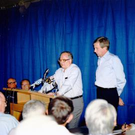 Heads of Soviet and the U.S. delegations Igor Palenykh and C. Paul Robertson at the Kearsarge Test post-shot news briefing for media. August 17, 1988