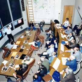 View of the joint delegation briefing in the DoE Test Control Center at the Nevada Test Site. January 28, 1988.